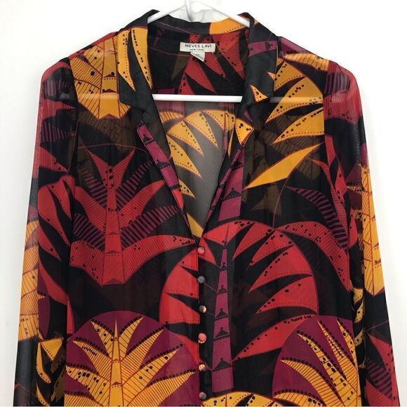 Nieves Lavi 100% Silk Black Red Yellow Tribal Tropical Semi Sheer Tunic Blouse - Picture 9 of 12